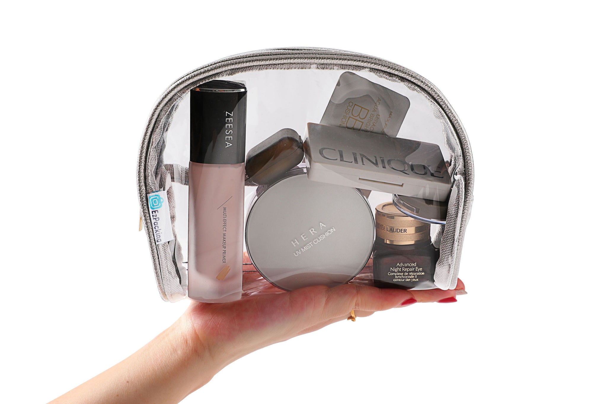 hekyip half moon cosmetic bag travel makeup pouch Clear Makeup Pouch · Water-Resistant & Spill-Proof · Transparent Travel Cosmetic Bag with Zipper · Organizer · Silver · EzPacking
